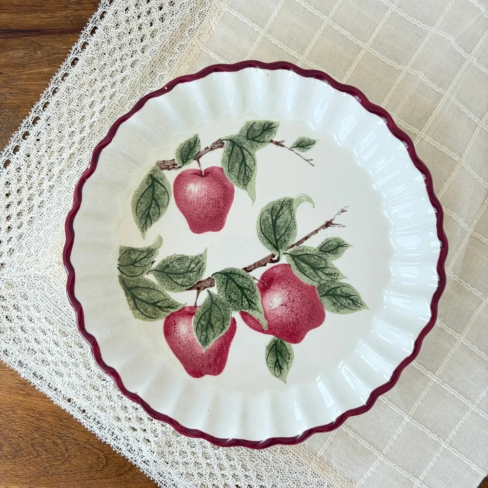 Vintage Ceramic Apple Orchard Fluted Tart Pan Quiche Dish Red Burgundy 10 Inch